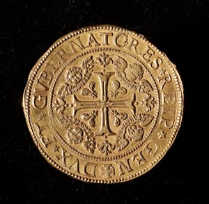 ジュネーヴ共和国の通貨：20金のドッピエ。直径58mm。1645.正面。ジェネス共和国ストラーダ・ヌオーヴァ博物館（inv, M7097) 作： Italian School