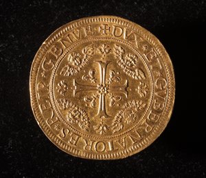 ジュネーヴ共和国の通貨：25金のドッペル硬貨。直径52.5mm。1694.正面。ゲネス共和国新世紀美術館（Inv.6457) 作： Italian School