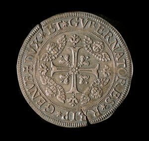 ジュネーブ共和国の通貨。銀製でECU幅。直径61mm。1693年、正面。ジェネス共和国ストラーダ・ヌオーヴァ博物館（Inv, M7135) 作： Italian School