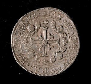 ゲネス共和国の通貨：5エキュース銀貨。直径61mm。1693.正面。ゲネス共和国新旧対照表(Musei di Strada Nuova)