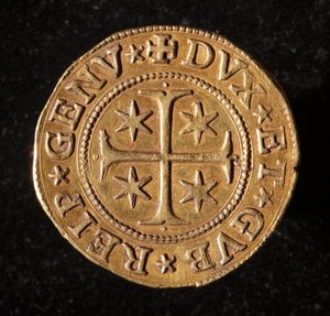 遺伝子共和国の通貨：5つの金のドッピーコイン。ディアム。 41mm。 1642.フロント。遺伝子Museidi Strada Nuova 作： Italian School