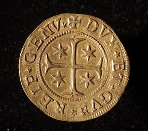 遺伝子共和国の通貨：5つの金のドッピーコイン。ディアム。 41mm。 1652.フロント。遺伝子Museidi Strada Nuova 作： Italian School