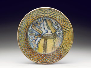 Deruta majolica lustred "Bella Donna"充電器、1520-30 作： Italian School