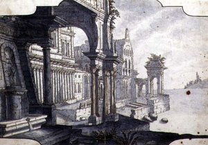 舞台装置のデザイン、1750年頃（紙にペンとインク、水彩画） 作： Italian School