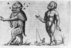 さまざまなタイプの人間の怪物。イタリアの科学者Fortunio Liceti (1577-1656)の「De monstrorum natura, causis et differentiis」からのエングレーヴィング。1646 作： Italian School