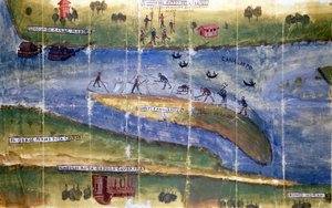 ポー川の住民の間で、氷を採取する権利をめぐって紛争が発生。1535.ミラノ、国立アーカイブ。 作： Italian School