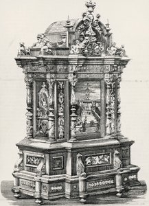 ペルージャの家具職人アレッサンドロ・モンテネリ（19-20世紀に活躍）の象嵌入り黒檀キャビネット 1881年にイタリア・ミラノで開催された展覧会の図版 作： Italian School