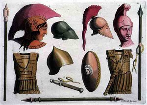 エトルリアの武器と甲冑の例、「Costumi dei Romani」より、D.K.ボナッティが1805～20年頃に彫ったもの（アクアチント 作： Italian School