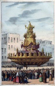 パレルモの守護聖人、サンタ・ロザリア（1130-1160）の祝日 - サンタ・ロザリアの祝日 - （イタリアのパレルモの守護聖人）ll Festino di Santa Rosalia a Palermo in Sicilia - Festa di santa Rosalia - "Usi e Costumi di Tutt "の刻印 作： Italian School