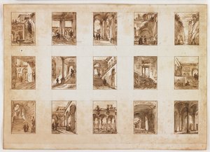 15のミニチュア建築とイタリアの眺め（紙のグラファイトの上にウォッシュしたペンと茶色のインク） 作： Italian School