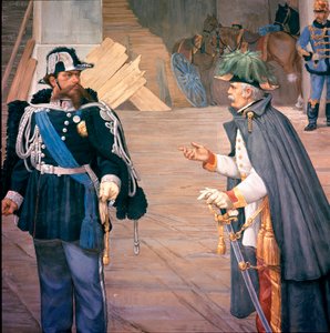 第一次イタリア独立戦争：「1849年9月13日のノヴァラ(Novara)の戦い」ビコークの戦いとも呼ばれる。戦いの後のヴィットリオ・エマヌエーレ（ヴィクトル・エマヌエル）（Victor-Emmanuel）2世（1820-1870）とジョセフ・ラデツキー（1766-1858）。フレスクのディテール 作： Italian School
