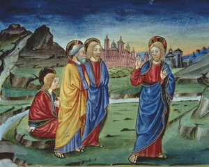 Fol.103v 変容の後、キリストは復活の後までこれを明らかにしないように使徒たちに言いました (vellum) (詳細) 作： Italian School