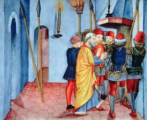 Fol.107v ピーターはキリストを否定します (ベラム) 作： Italian School