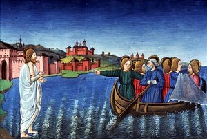 Fol.134r ガリラヤ湖で魚を釣る弟子たち (ベラム) 作： Italian School