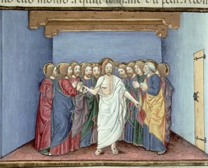 Fol.135v 裁判官を恐れて一つ屋根の下に集まった弟子たちにイエスが現れる (ベラム)