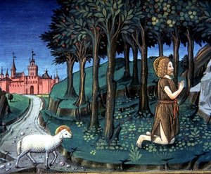 Fol.143v 砂漠で祈る洗礼者ヨハネ (ベラム) 作： Italian School