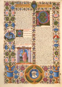 Fol.204v 聖パウロからコロサイ人への手紙、ボルソ デステ聖書より。 Vol 2 (ベラム) 作： Italian School