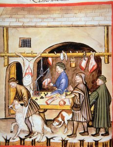 Fol.72v肉屋：マトンの販売、Tacuinum Santiatisのイラスト 作： Italian School