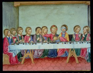 Fol.99v 最後の晩餐の間、キリストは使徒の一人が彼を裏切ることを告げる (vellum)