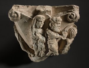 メアリーの幼年期のシーンを含む首都の断片、1100年代初頭のモノポリ大聖堂のワークショップ 作： Italian School