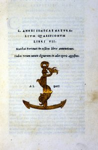 哲学者セネカ（Lucius Annaeus Seneca、紀元前2年～紀元後65年）の『自然の疑問集VII』の扉。1503年にヴェネツィアの学者であり印刷者であるアルド・マヌツィオ（Alde Manonce）（1450 - 1515）が印刷したもの。 作： Italian School