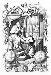 Sacro-Profane Universal Libraryのフロントピース、Vol。1、Vincenzo Coronelli作、Alessandro dalla Viaによる印刷、1701年発行 作： Italian School