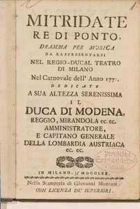 ヴォルフガングアマデウスモーツァルト作のオペラ「Mitridate、re di Ponte」（1770年）の初期のコピーからの口絵 作： Italian School