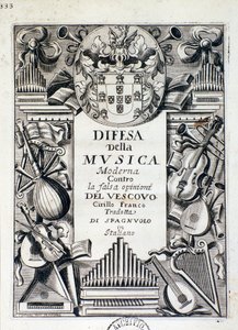 ポルトガル国王ジェームズ4世による「現代音楽の擁護：シリロ・フランコ司教の誤った意見に対抗して」の扉絵 作： Italian School