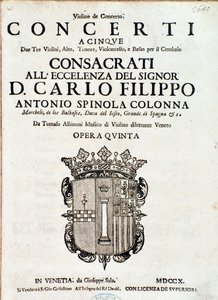 トマソ・アルビノーニ作曲「Concerti a cinque, opera 5」の譜面の扉。 作： Italian School
