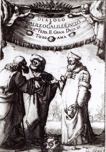 1632年に発表された、ガリレオによる世界で最も優れた2つのシステムに関する対話の口絵 作： Italian School