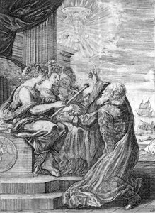 天文学者ガリレオ（1564 - 1642）が三女神に望遠鏡を献上。右手で、自ら発見しメディチ家に献上した衛星を持つ木星を示している。ボローニャの "Opere di Galileo "の正面図 作： Italian School