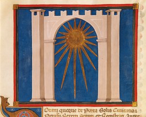 太陽の門」（イタリア、14世紀、ペルージャの公証人の登録簿の手稿からの細密画 作： Italian School