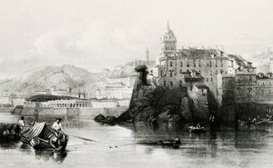 ジェノバのマリーナの壁、背景はヴィラ・ドーリア・パンフィーリ、エングレーヴィング、1850年頃、イタリア 作： Italian School