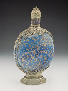 フィリグリーマウントの金色の青いフラスコ、ベネチアン（吹きガラスと銀）