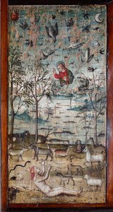 神はアダム、動物、大地、空、水を創造する ブラマンテの古代聖具室のキャビネットパネルを飾る木画（ブラマンテの聖具室の絵画） イタリア、ミラノのサンタ・マリア・デレ・グラツィエ聖堂（Basilica di Santa Maria delle Grazie 作： Italian School