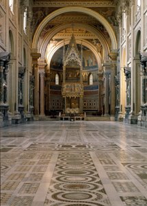 ゴシック美術：1367年頃にジョヴァンニ・ディ・ステファノが製作した幕屋の上にある教皇の祭壇の眺めは、バルナ・ダ・シエナ（14世紀）のフレスコ画で飾られた12枚のパネルを飾っています。1367-1368.ラテラノの聖ヨハネ大聖堂（サン・ジョバンニ・イン・ラテラノ 作： Italian School