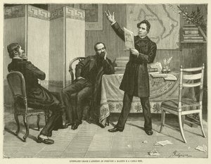 マッツィーニとカルロ・ビーニにフィレンツェの包囲網を読み聞かせるゲラッツィ（版画 作： Italian School