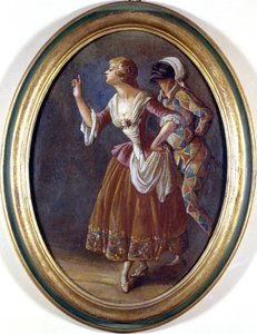 ハーレクインとコロンビーヌ。19世紀初頭の無名の絵画。ローマ、ブルカルド美術館。 作： Italian School