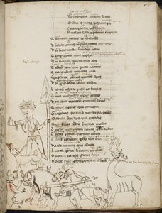 ハーレー 2453、f.55 ルシウス・アナエウス・セネカ作「トラゴディア」より、イノシシ、雄鹿、狩人、犬、野ウサギの狩猟シーン 作： Italian School
