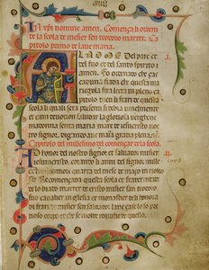 1350年のマリエゴラの聖セオドアを示す歴史的イニシャル「A」（ベラムのインク） 作： Italian School