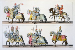 神聖ローマ帝国：マクシミリアン1世の時代にルクセンブルグ城で行われたトーナメントの参加者。スビッツェリのコストゥミデイロマーニから。.c.1800-18