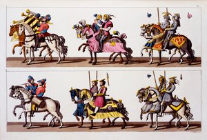 神聖ローマ帝国：マクシミリアン1世の時代にルクセンブルグ城で行われたトーナメントの参加者。スビッツェリのコストゥミデイロマーニから。.c.1800-18