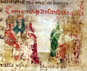 1378年から1417年の間にローマ教会でどのように不和が生まれたのか（分裂）：14世紀の手稿.@-"Croniche del Sercambi "にて。National Archive, Lucca. 作： Italian School