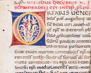 ミラノのパウリヌスとのカットの裏面にイニシャル「O」、『Vita Sancti Ambrosii』、おそらくトスカーナ産、1150～75年頃（ベラムにインク 作： Italian School