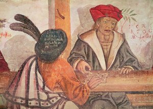 旅館のインテリア、ボードゲームをしている2人の男性の詳細（フレスコ画）