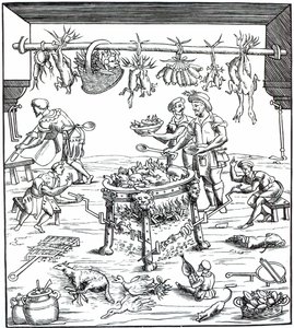 1549年に発表されたクリストフォロディメシスブルゴによるバンケッティ作曲のヴィヴェンデの木版画の後のイタリアのキッチンのインテリア 作： Italian School