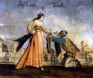 イタリアの仮面17世紀のボローニャ派の絵画。マダム・ルチアとトラストゥッロミラノ・スカラ座美術館 作： Italian School
