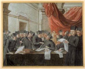 コンクラーベで会計について議論しているイエズス会士たち（紙に水彩、ペン＆インク 作： Italian School
