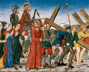 イエスは途中でカルバリーと聖なる女性たちを導きます。 クリストバル・デ・プレディスの写本 (1440-1486) 作： Italian School