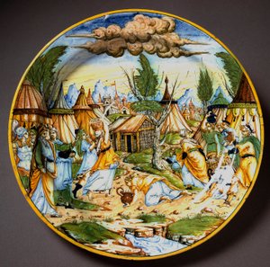 砂漠の中のユダヤ人（またはマナの回復）。飢えてしまうイスラエル人に、神はウズラの卵とマナ（真名）を食べさせる。イタリア、ウルビーノの工房フォンタナで制作された陶板。1560年頃 フィレンツェ、バルジェッロ美術館 作： Italian School